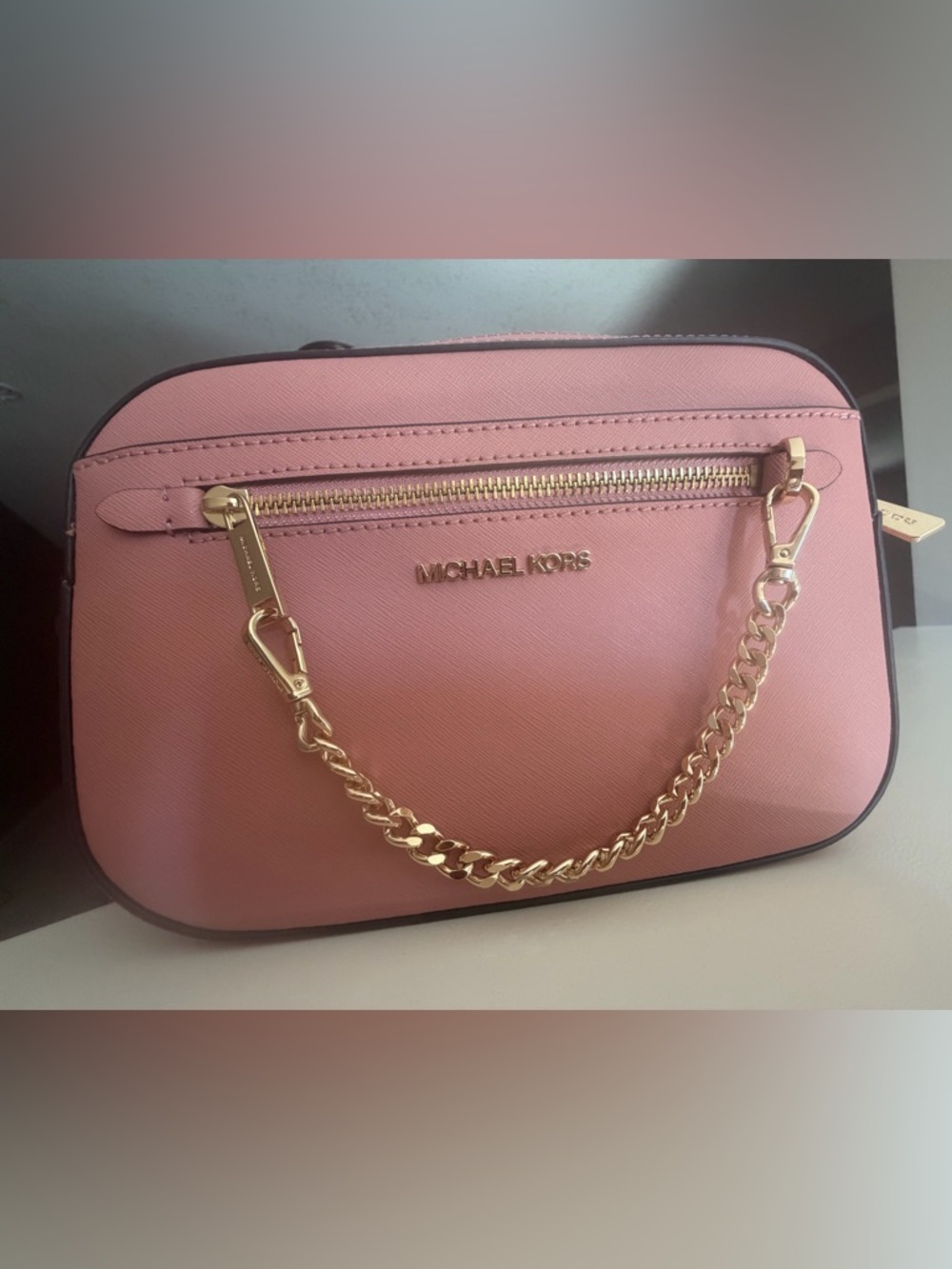 Michael Kors Rose Pink Saffiano Leather Shoulder Bag with Gold Chain Strap